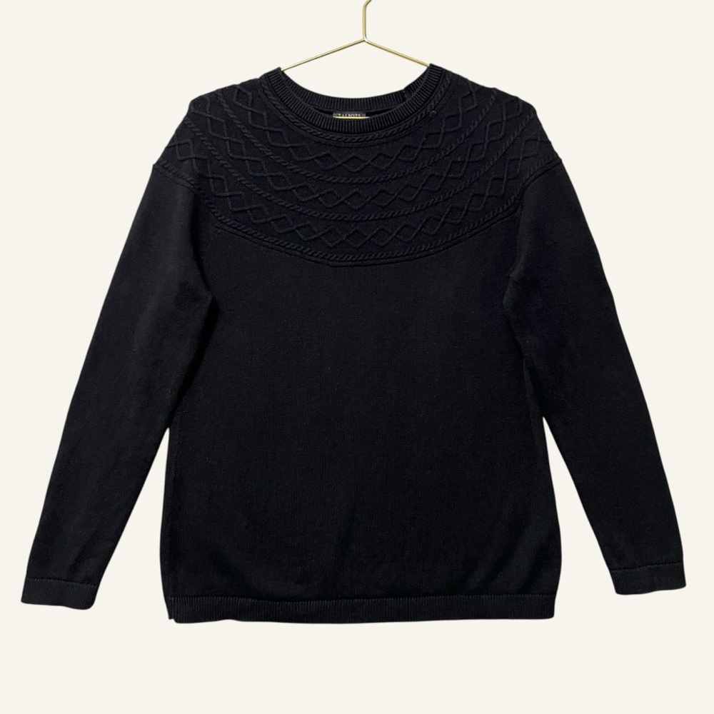 Talbots Cabled Yoke Sweater Size Large Petite Black Cotton Cashmere Blend